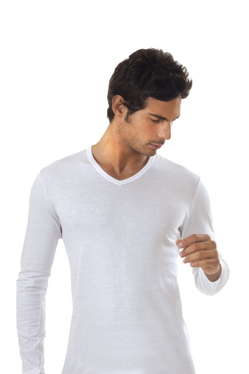 Maglietta a manica lunga in jersey scollo a "V" con bordino largo