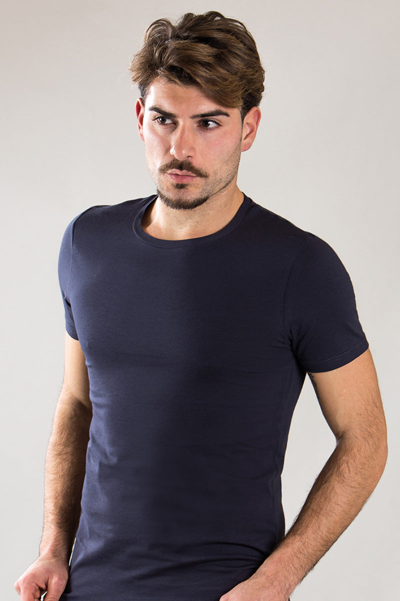 T-shirt mezza manica in cotone bielastico a girocollo