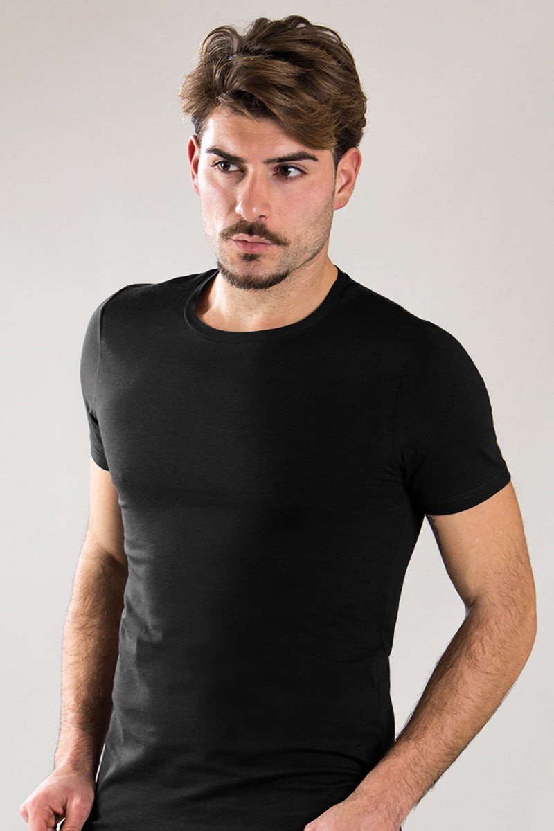 T-shirt mezza manica in cotone bielastico a girocollo