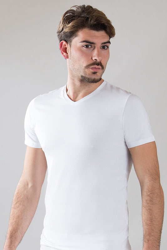 T-shirt mezza manica in cotone bielastico con scollo a "V"