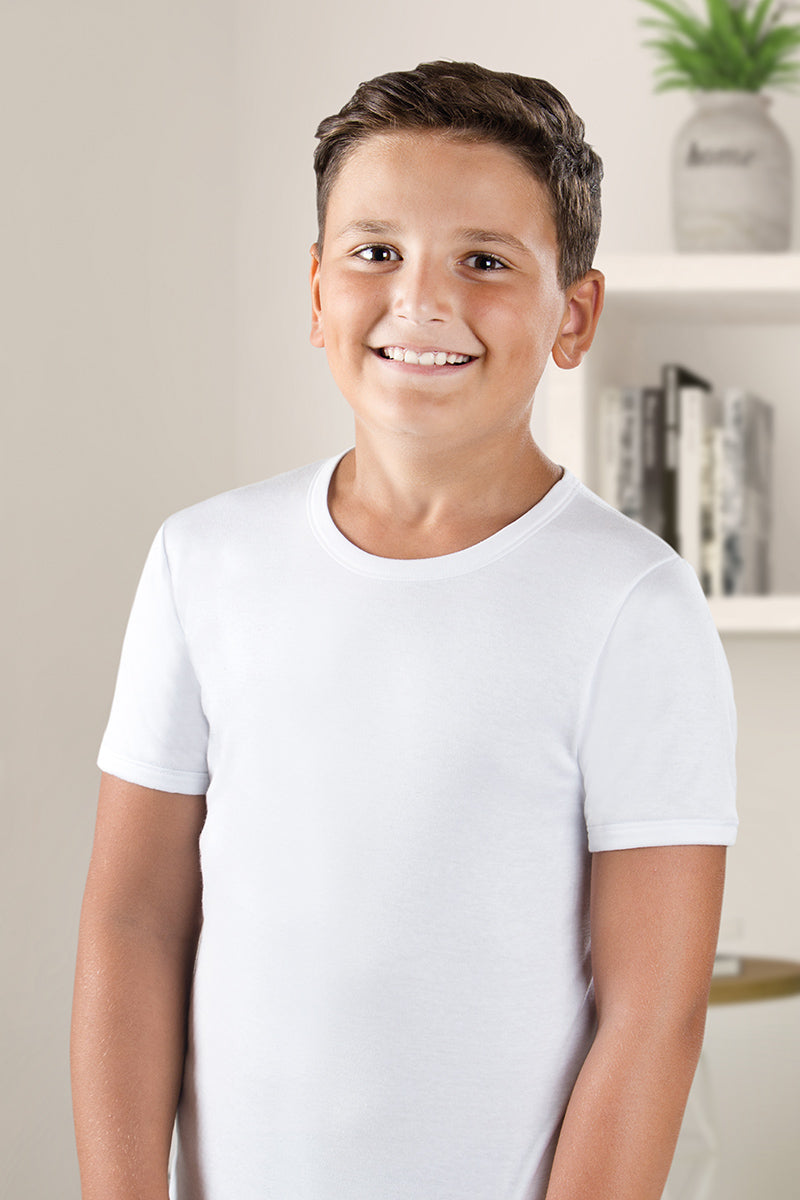Maglia mezza manica in cotone caldo interlock con scollo tondo