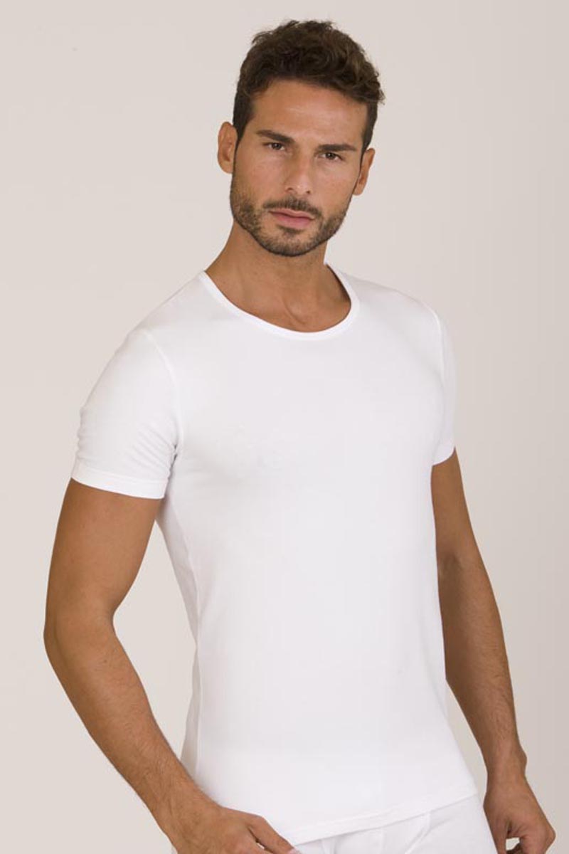 Maglia mezza manica in cotone bielastico garzato con scollo tondo