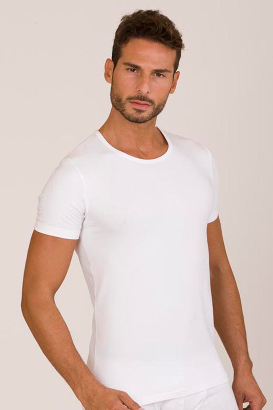 Maglia mezza manica in cotone bielastico garzato con scollo tondo