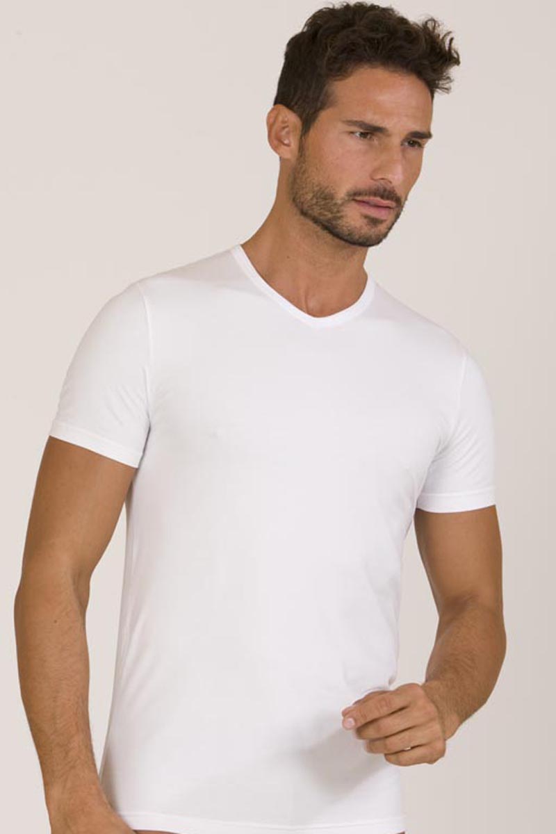 Maglia a mezza manica in cotone bielastico garzato con scollo a "v"