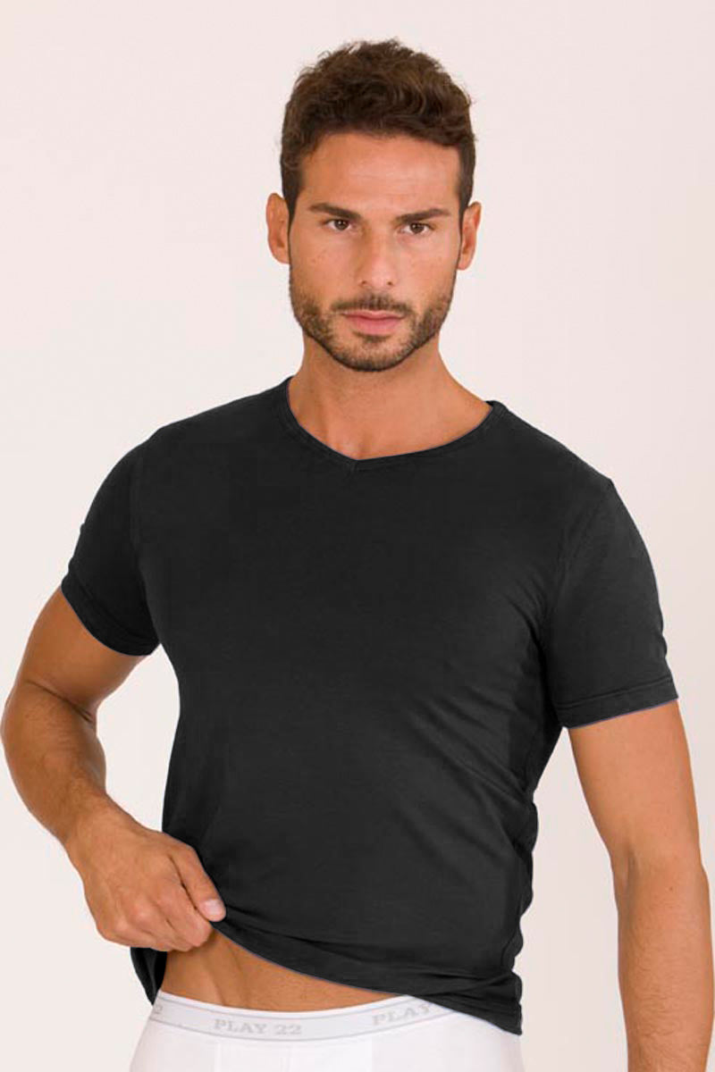 Maglia mezza manica in cotone bielastico garzato con scollo a "V"