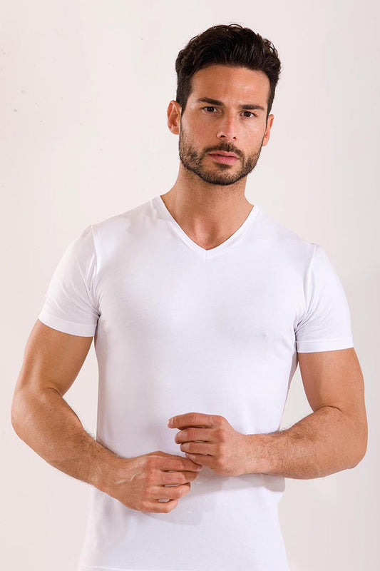 T-shirt mezza manica in cotone bielastico garzato con scollo a "V"