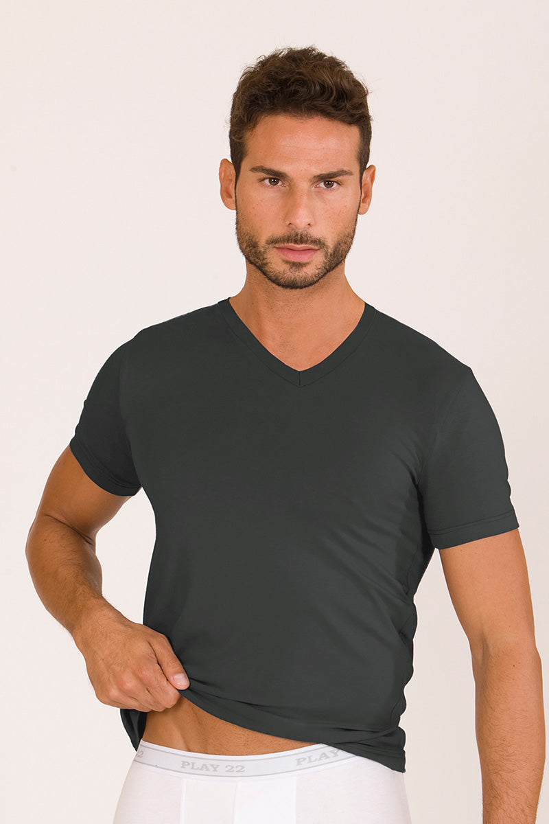 T-shirt mezza manica in cotone bielastico garzato con scollo a "V"