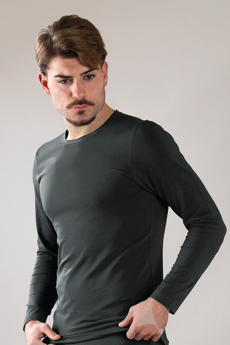 T-shirt a manica lunga in cotone bielastico garzato con scollo tondo