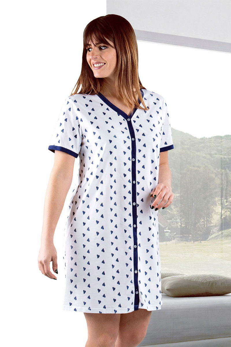 Camicia da notte mezza manica aperta davanti con stampa cuori