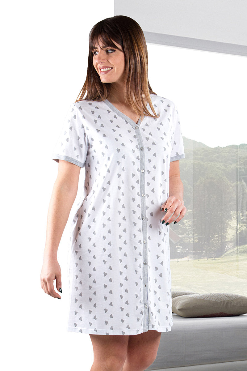 Camicia da notte mezza manica aperta davanti con stampa cuori