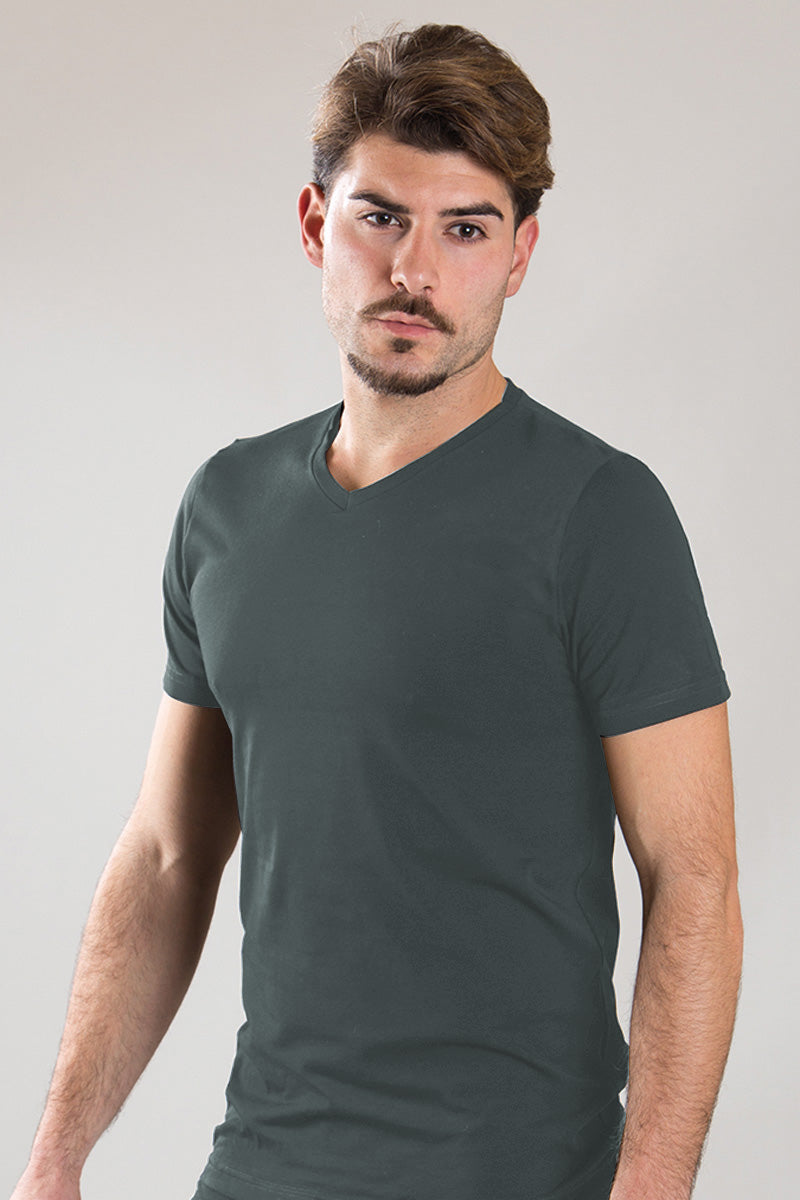T-shirt mezza manica in cotone bielastico con scollo a "V"