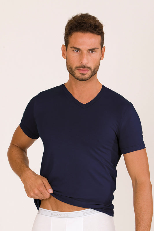 T-shirt mezza manica in cotone bielastico garzato con scollo a "V"