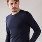 T-shirt a manica lunga in cotone bielastico garzato con scollo tondo
