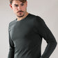 T-shirt a manica lunga in cotone bielastico garzato con scollo tondo